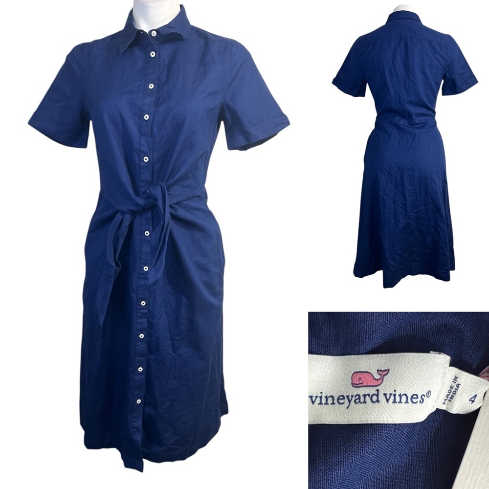 Vineyard Vines dress size 4 deep bay blue‎ linen cotton blend short sleeve midi